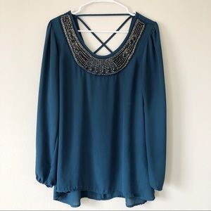 🔥 2/$20 Studio Y Teal Blouse with Beaded Neckline